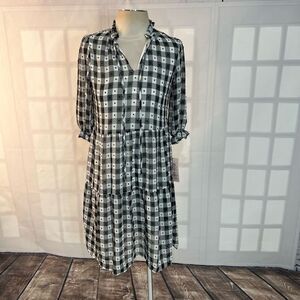 Nanette Lepore NWT gingham plaid black and white 3/4 sleeve dress size 2